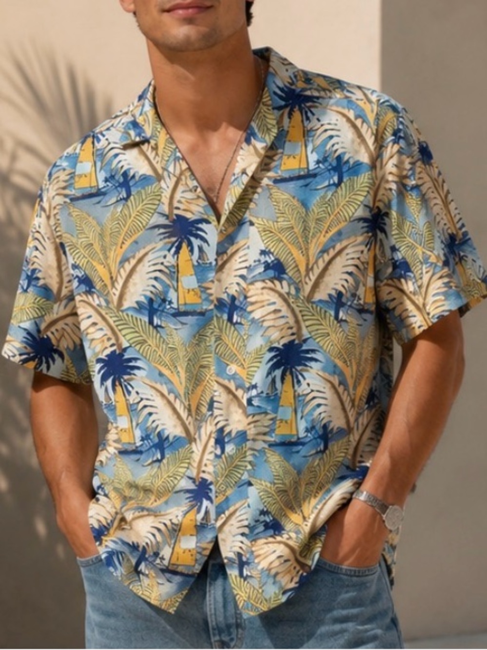 Natural Issue Men's Casual Tropical Print SS Pocket Shirt - Blue & Beige XL
